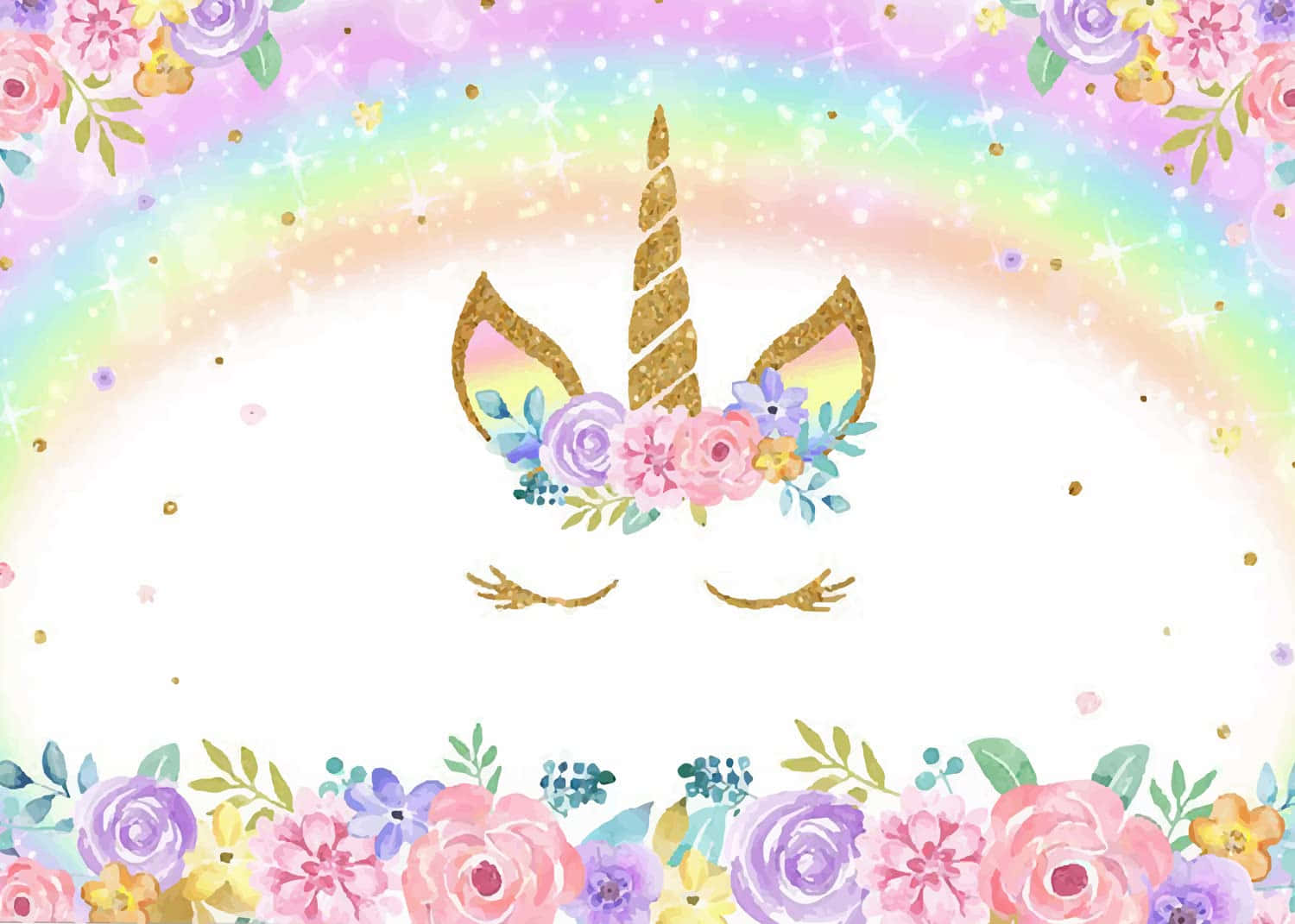 Unicorn Head With Flowers And Rainbow Background Wallpaper