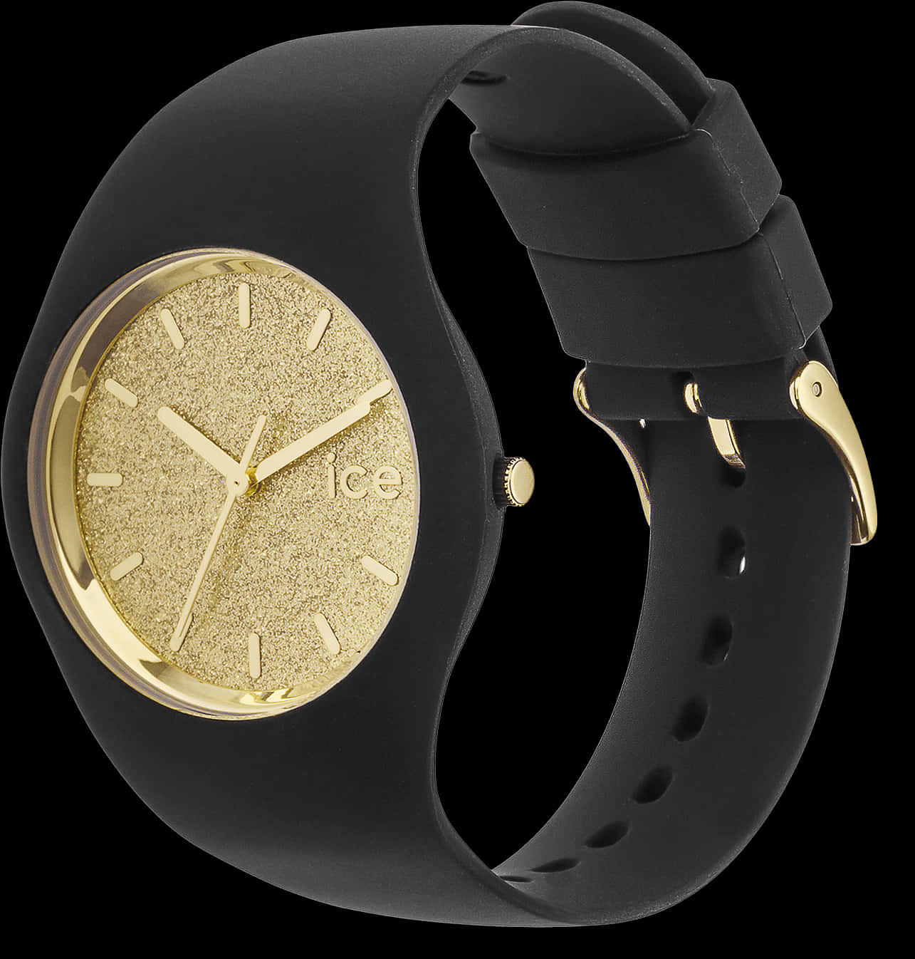 Gold Glitter Dial Black Watch PNG