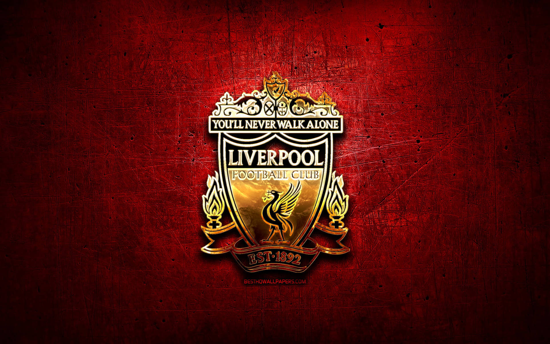 Logotipodo Liverpool Dourado Em 4k Em Fundo Vermelho. Papel de Parede