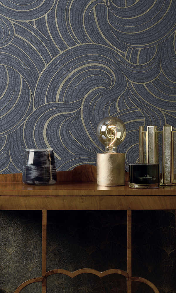 Wall In Navy Aurora And Gold Metallic Background