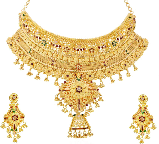 Gold Necklace Earrings Set Traditional Design PNG