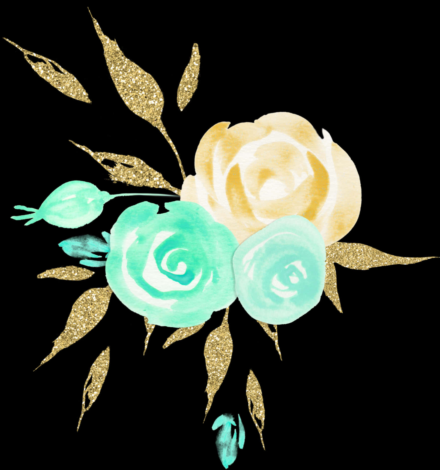 Goldand Aqua Floral Artwork PNG