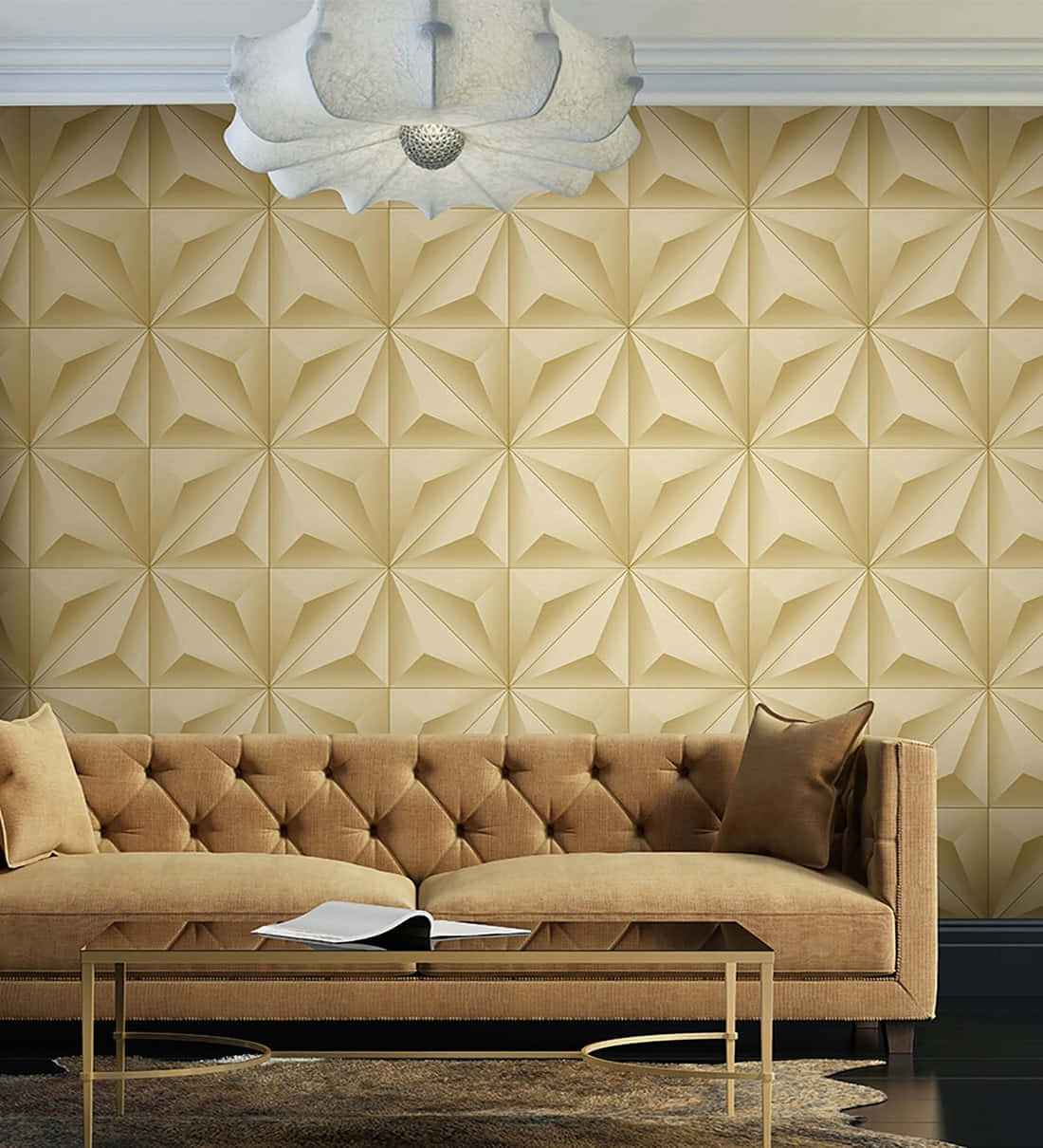 Golden 3d Walls With Couch Wallpaper