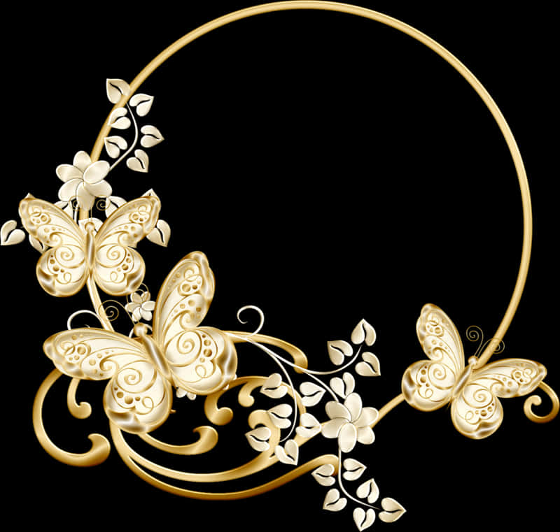 Golden Arabesque Butterflies Floral Design PNG