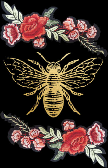 Golden Bee Floral Embroidery Tattoo Design PNG