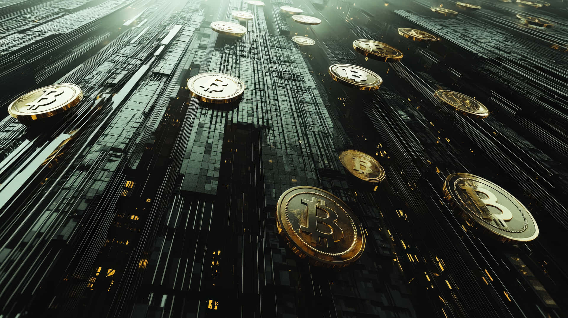 Golden Bitcoin Coins Appear To Float In A High-tech Digital Cyber Environment Wallpaper