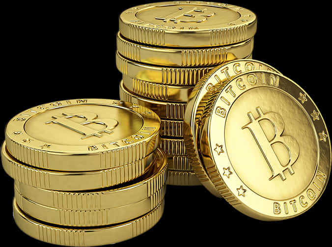 Golden Bitcoin Coins Stacked PNG