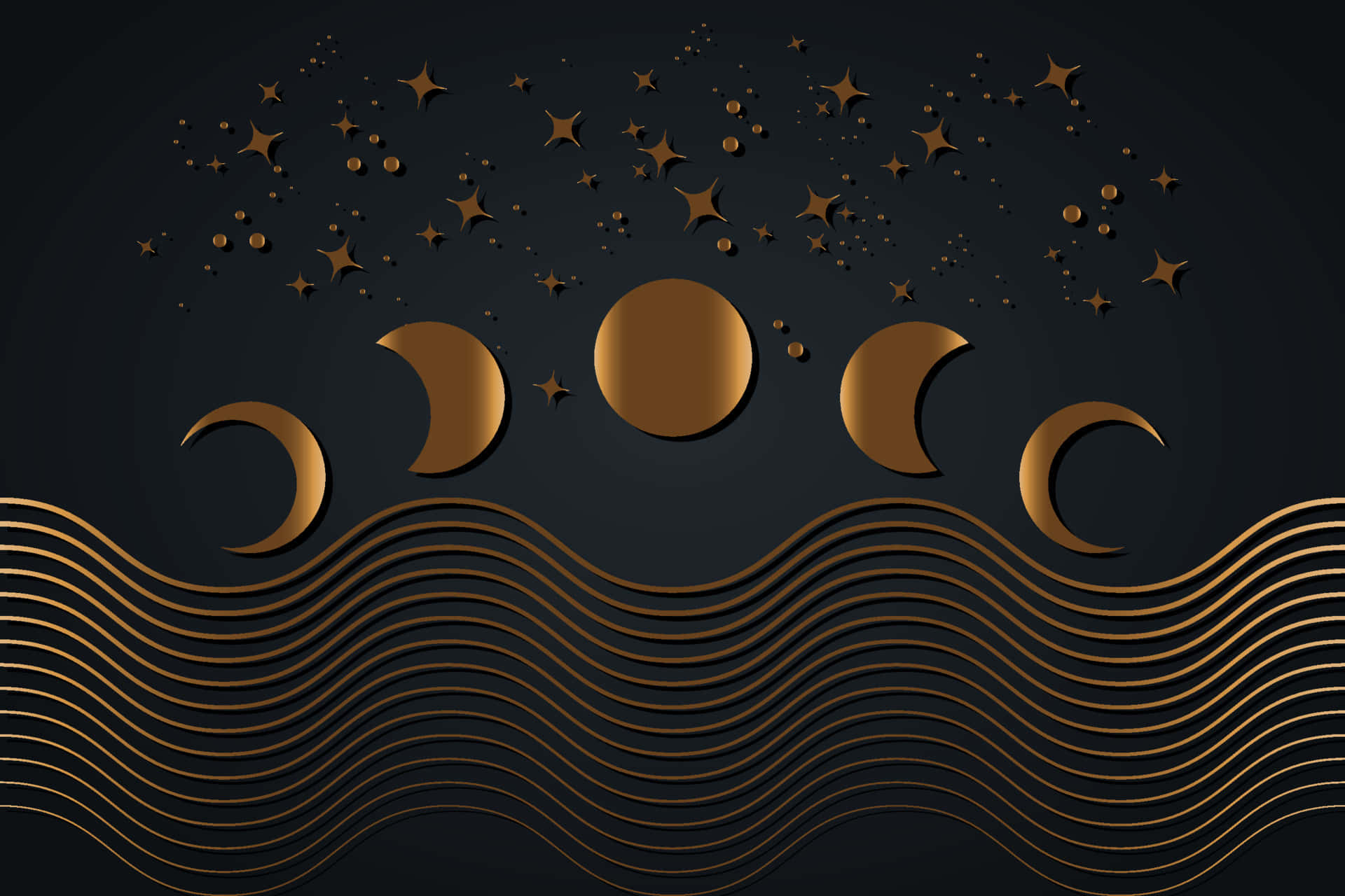Golden Celestial Wavesand Phasesof Moon Wallpaper