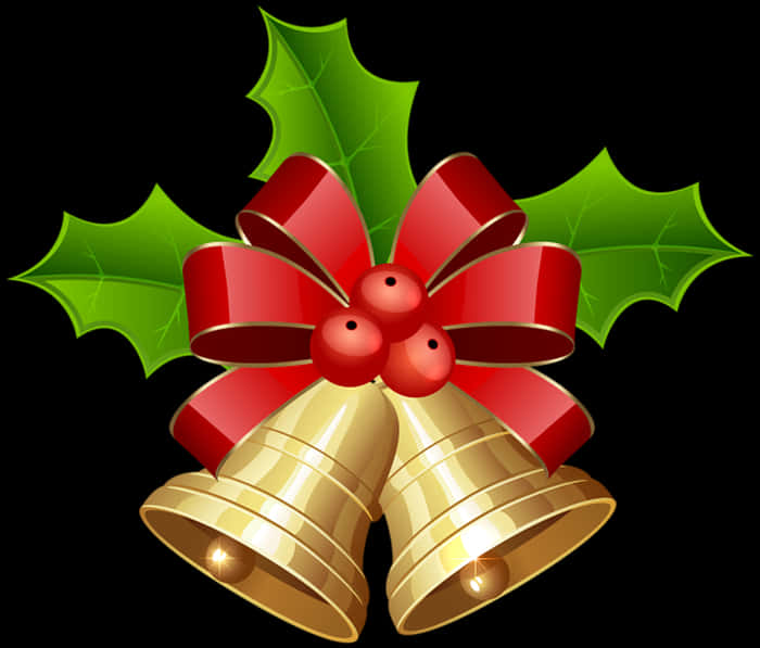 Golden Christmas Bells With Red Bow PNG
