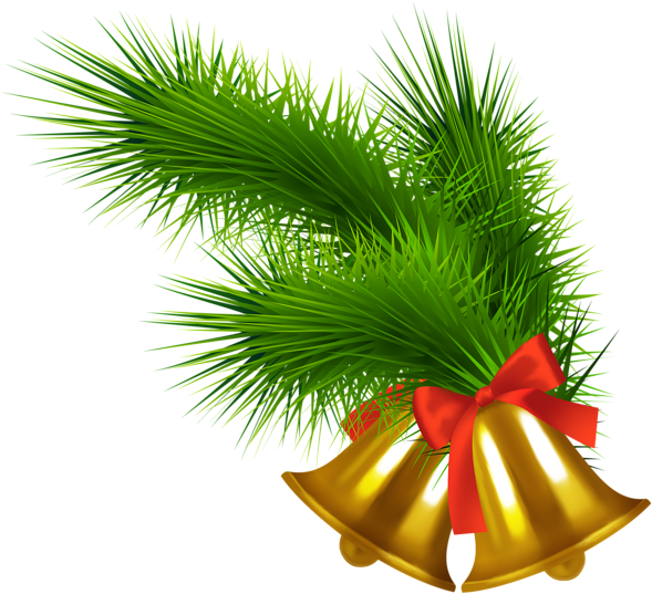Golden Christmas Bellswith Pineand Red Bow PNG