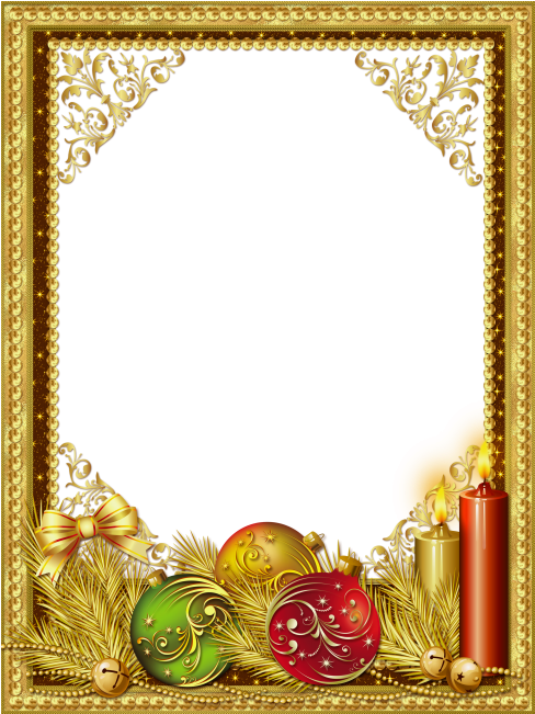 Golden Christmas Framewith Ornamentsand Candle PNG