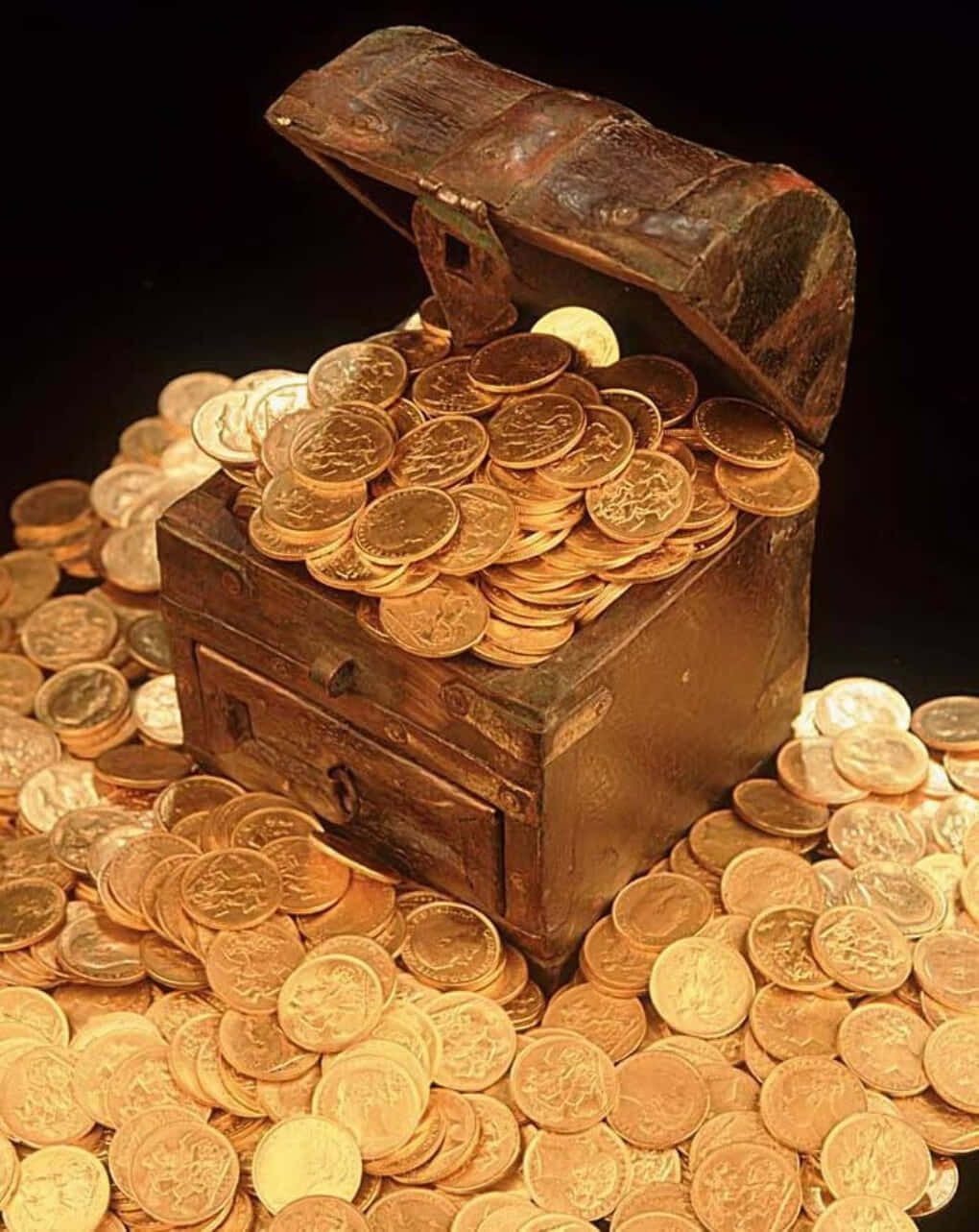 Golden Coins Overflowing from a Vintage Trunk Wallpaper