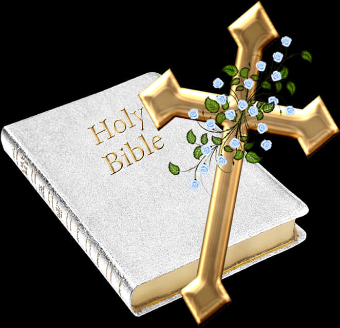 Golden Cross Biblewith Flowers PNG