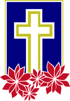Golden Cross Blue Background Red Flowers PNG