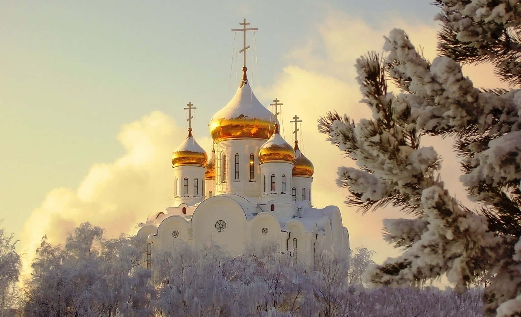 Golden Domed Orthodox Church Winter Scene Wallpaper