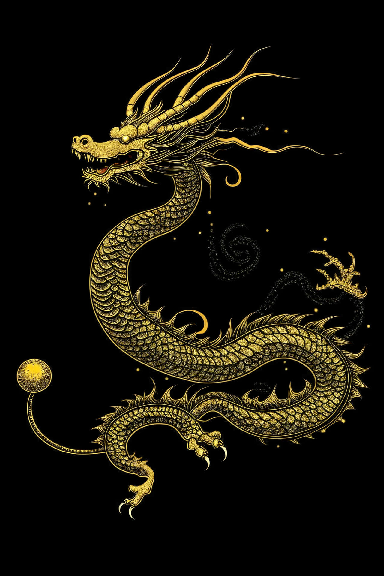 Golden Dragon Black Background Wallpaper