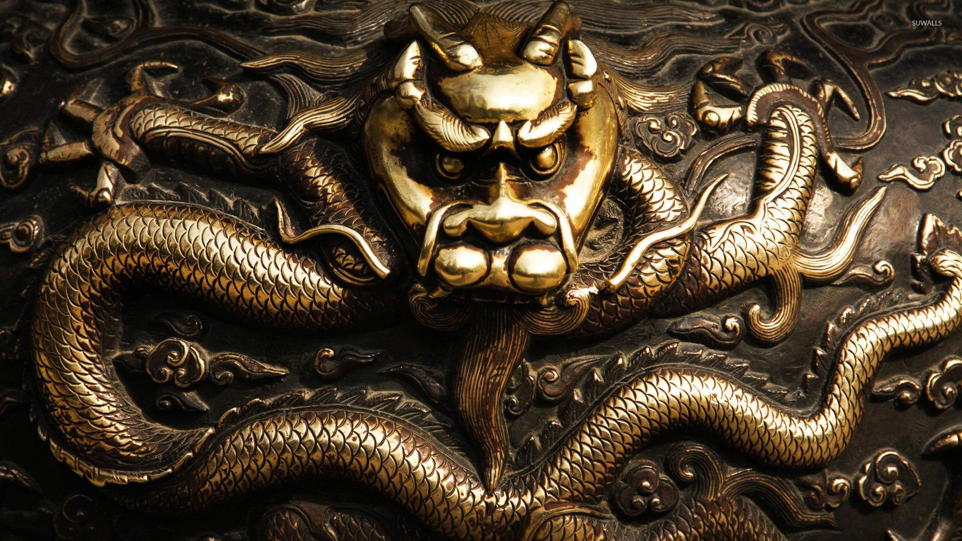 Golden Dragon Head Sculpture Wallpaper