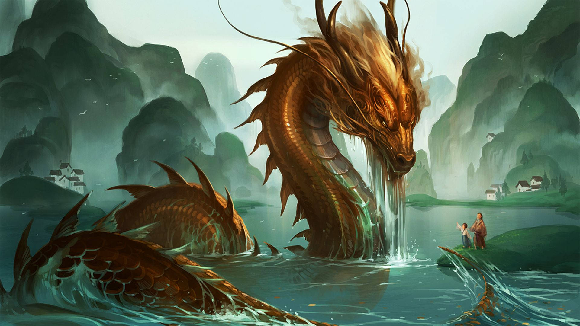Golden Dragon In A Lake Wallpaper
