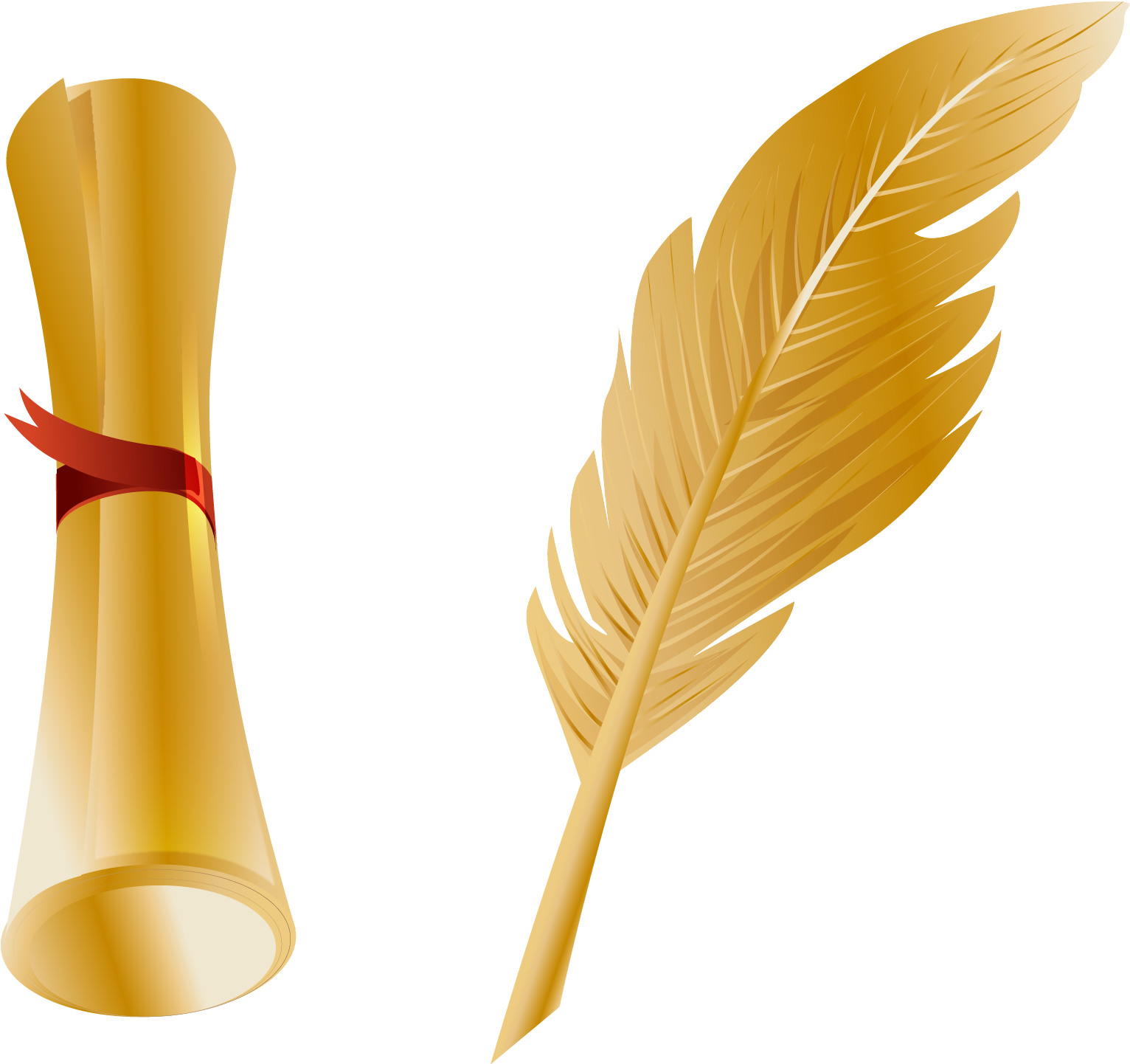 Golden Feather Penand Scroll Vector PNG
