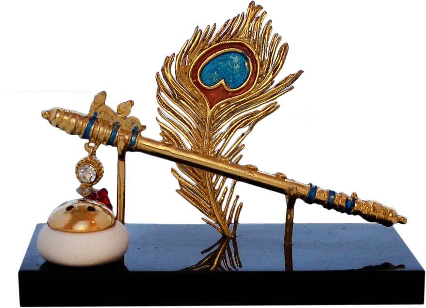 Golden Feathered Bansuri Decorative Art Piece PNG
