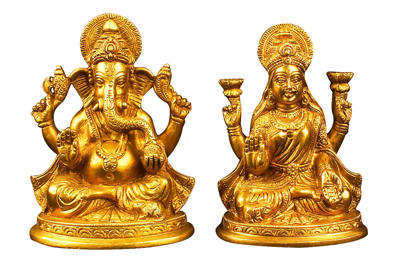 Sacrestatuette Dorate Di Ganesh E Lakshmi Sfondo