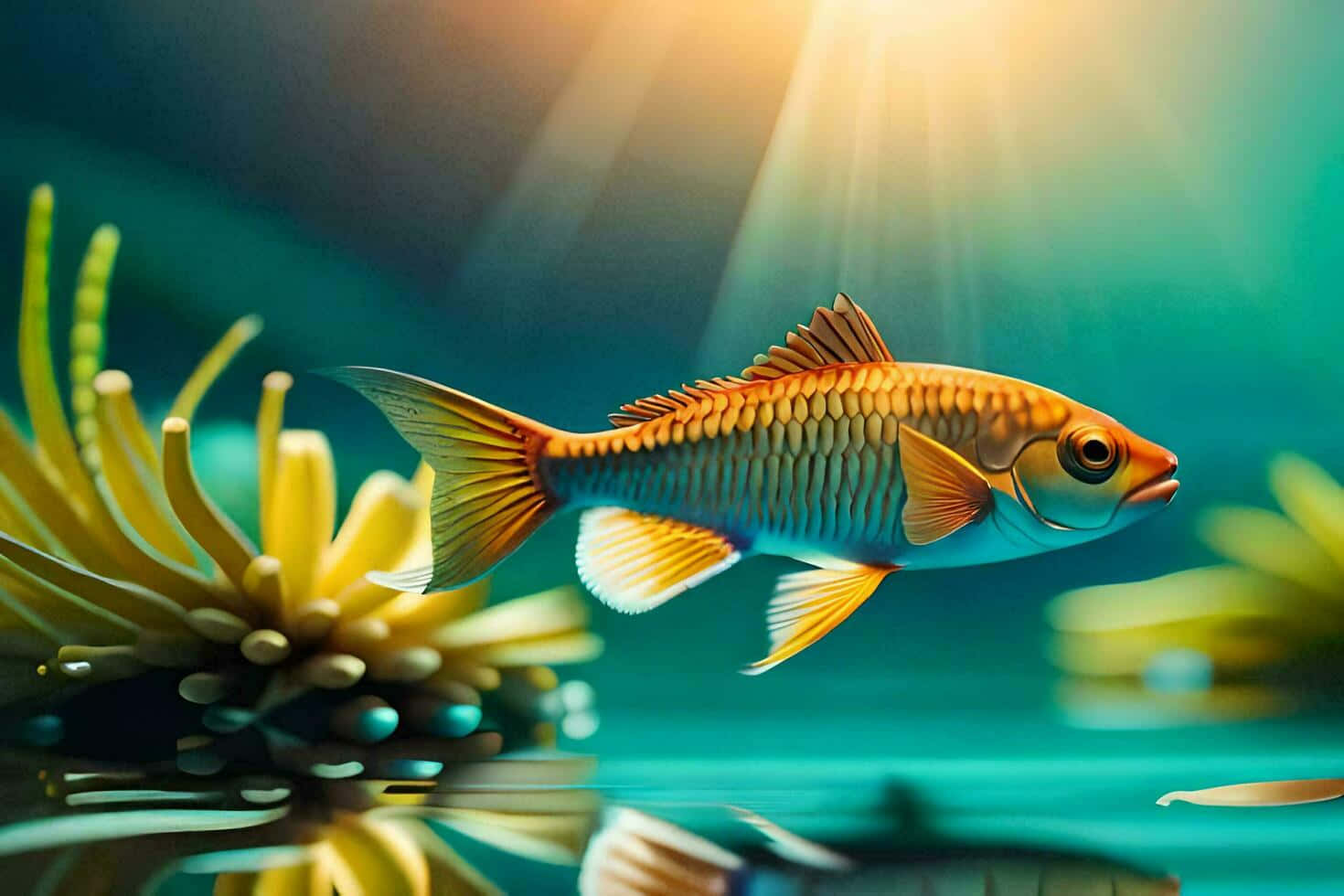 Golden Fish Sunlit Coral Reef Wallpaper