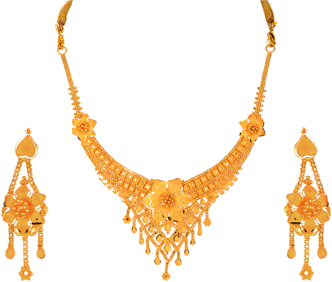 Golden Floral Choker Necklace Set PNG