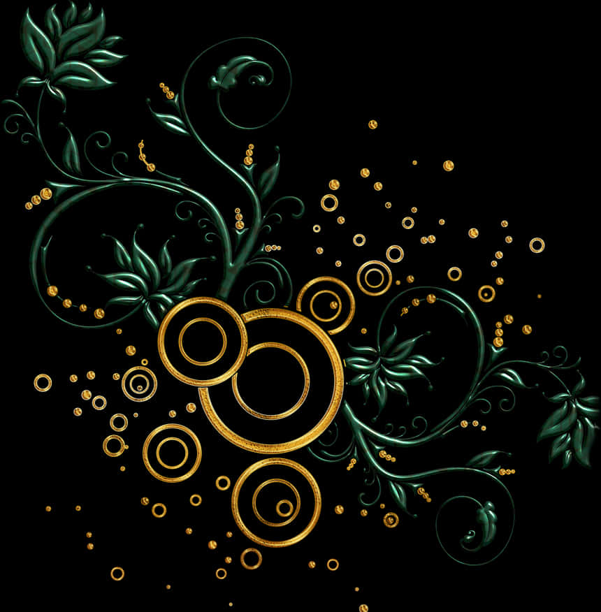Golden Floral Designon Black Background PNG