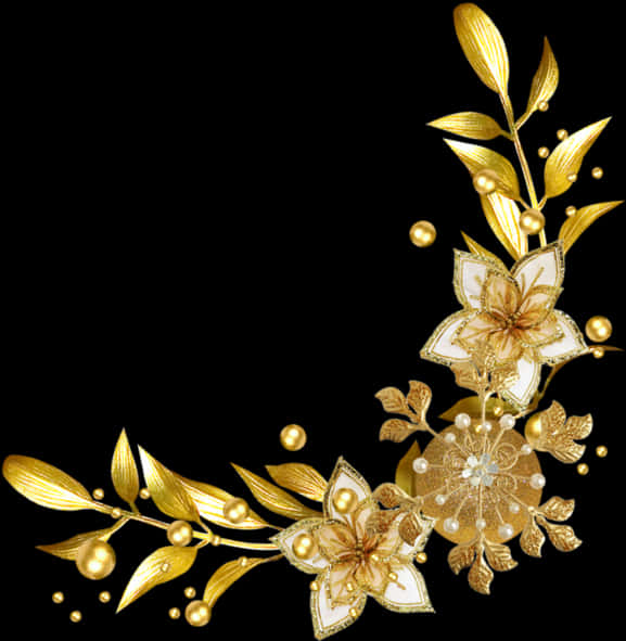 Golden Floral Designon Black Background PNG