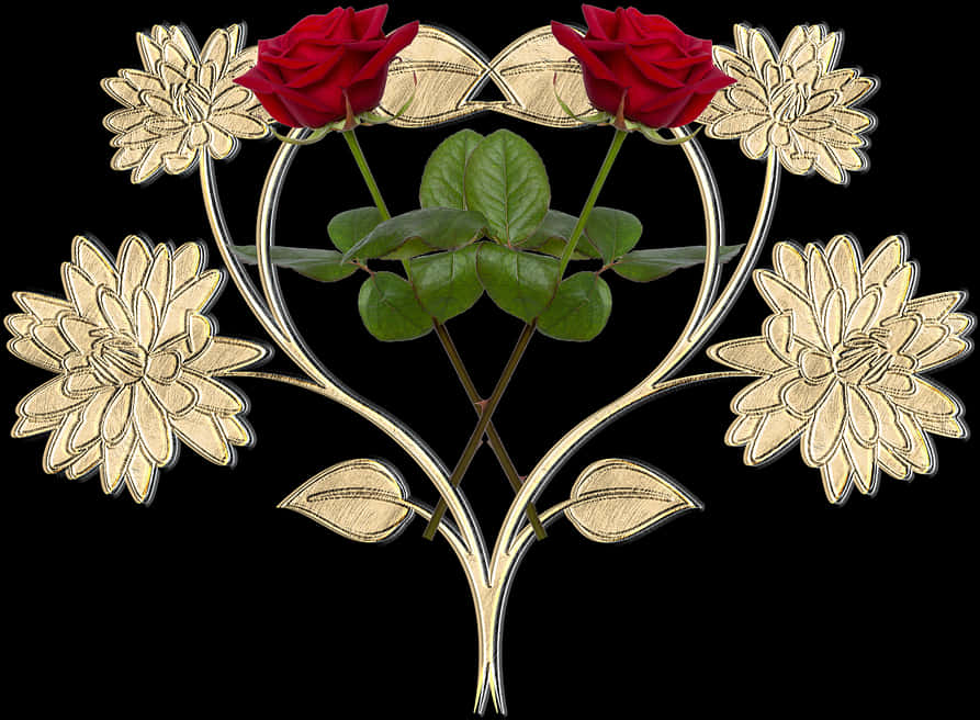 Golden Floral Designwith Red Rose PNG