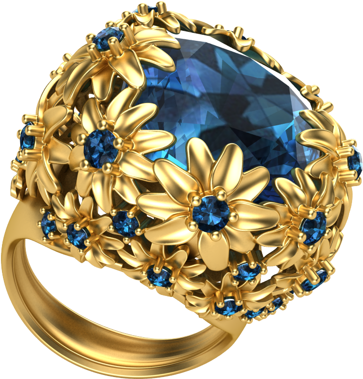 Golden Floral Sapphire Ring3 D Render PNG