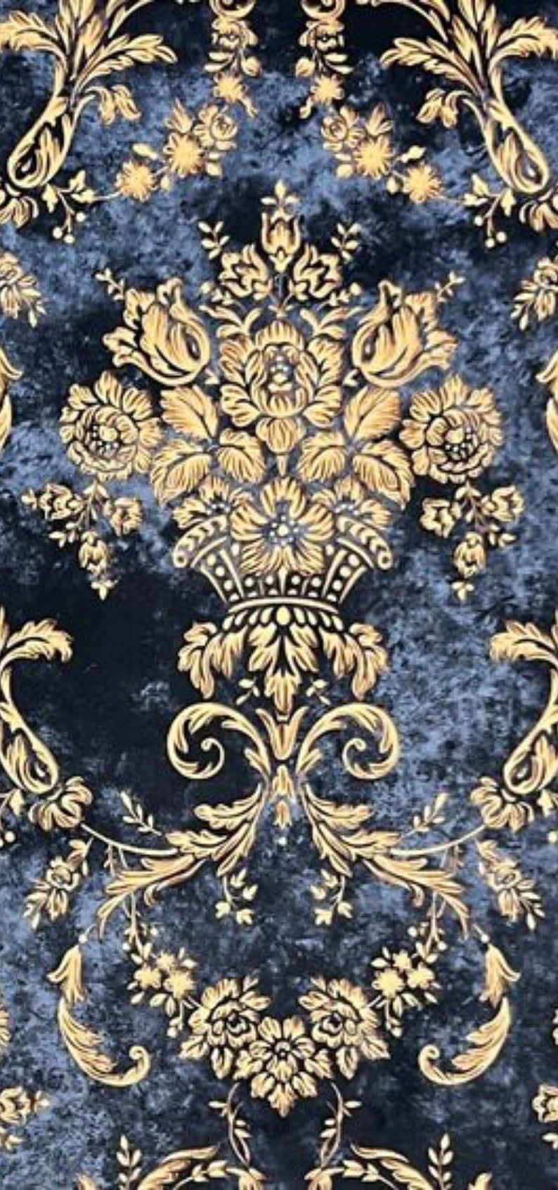 Golden Floralon Blue Damask Pattern Wallpaper