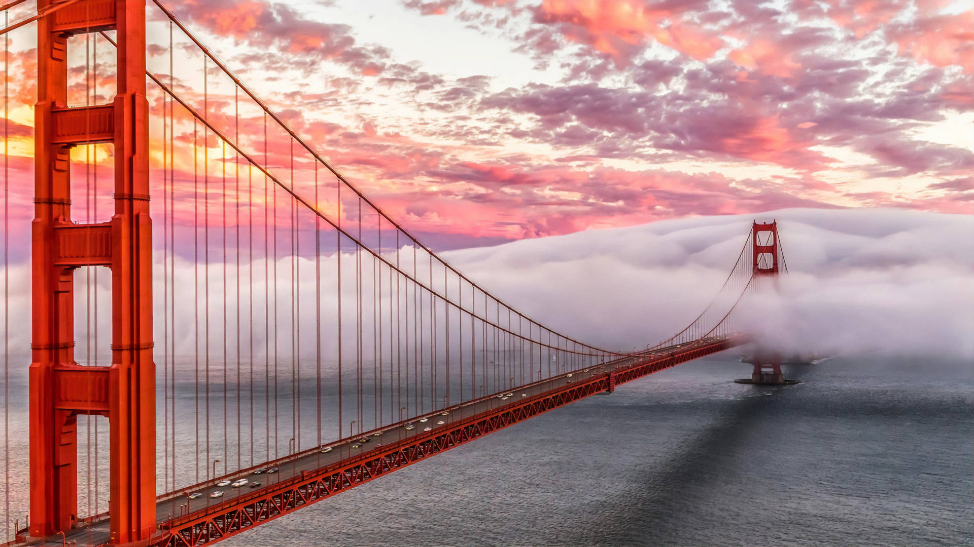 Golden Gate Bridge Orange Fluffy Clouds Wallpaper