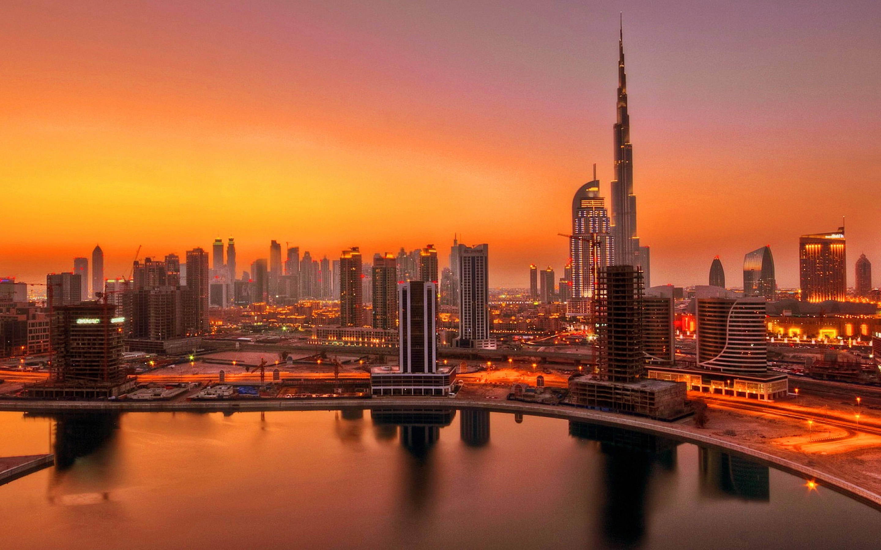 Golden Hour At Dubai With Burj Khalifa Wallpaper