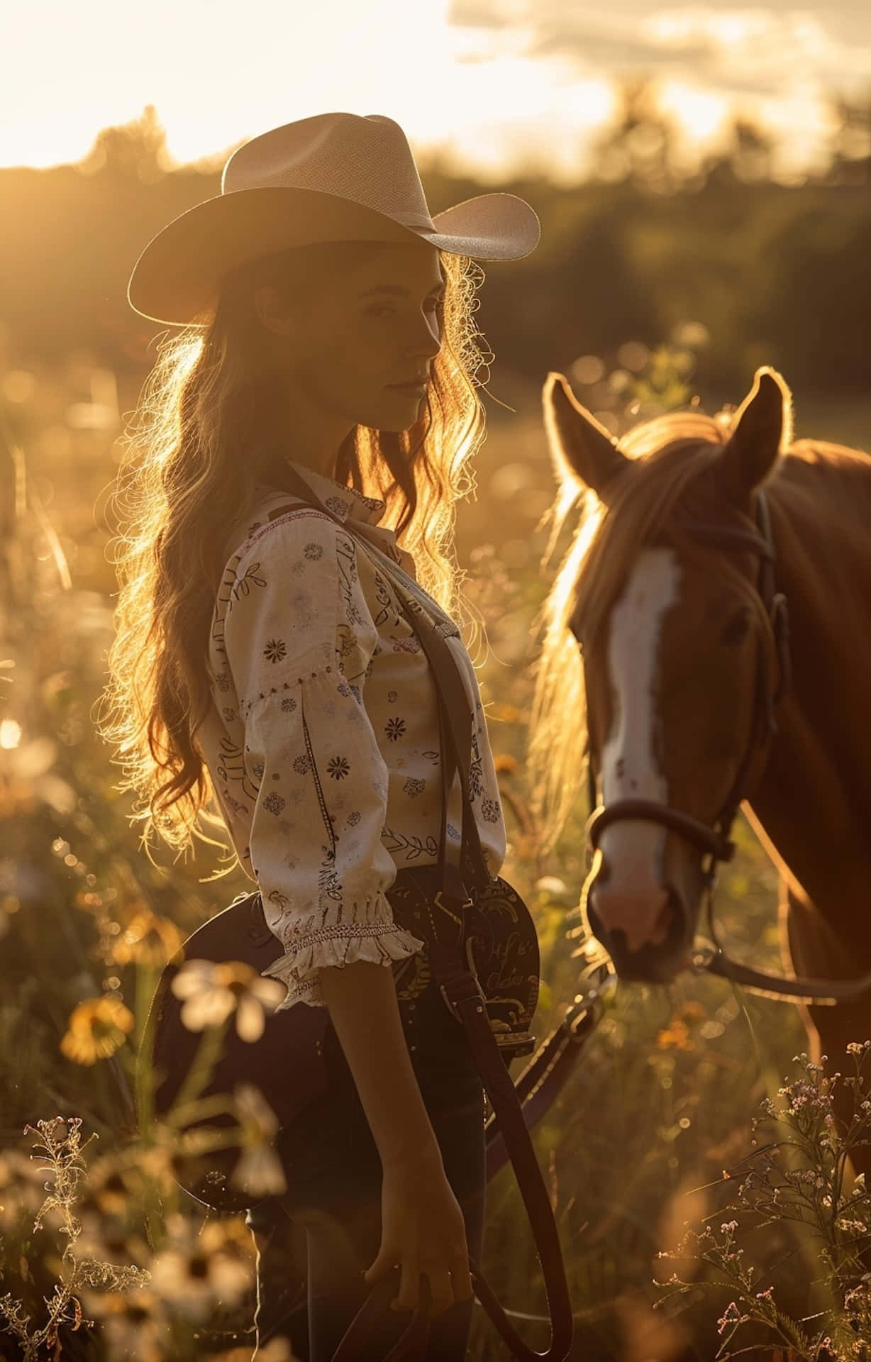 Golden Hour Cowgirl With Horse.jpg Wallpaper