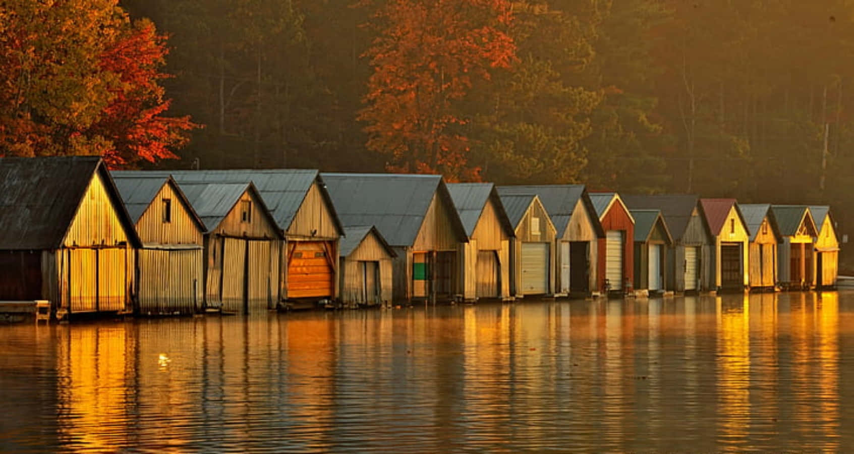 Golden Hour Lake Boathouses Wallpaper