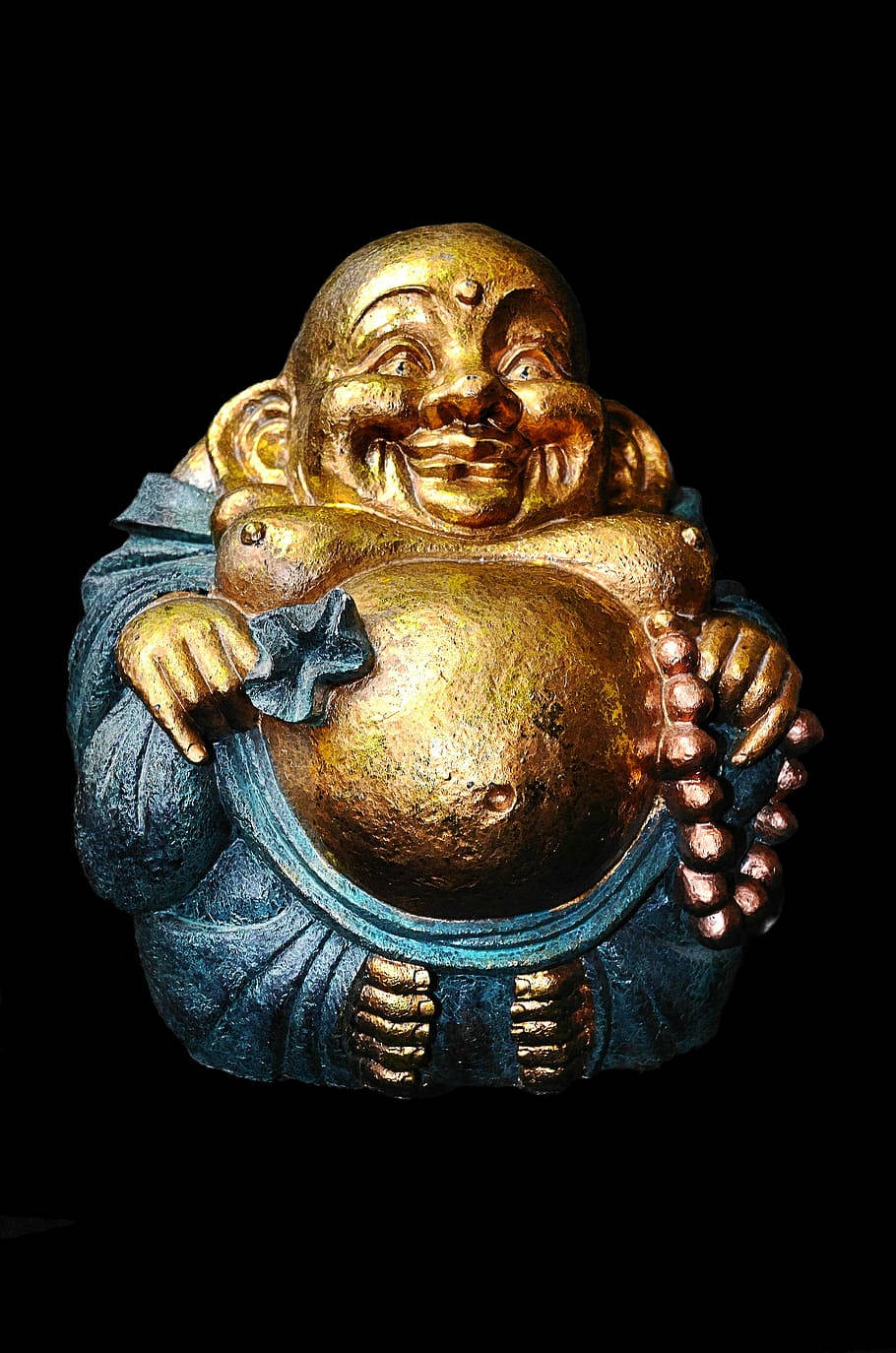 Golden Laughing Buddha in Blue Attire Wallpaper