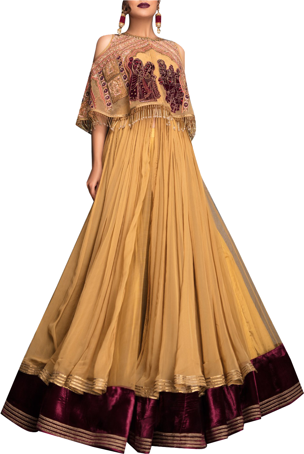Golden Lehengawith Embroidered Blouse PNG