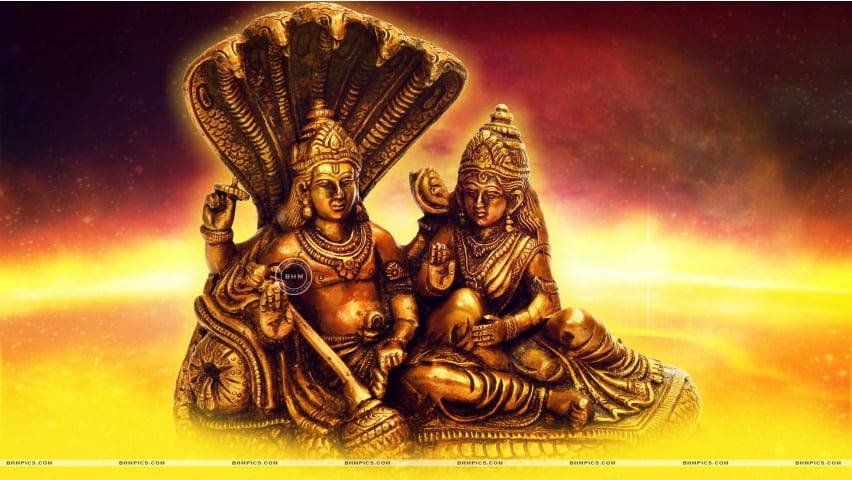 Statua D'oro Del Signore Vishnu Con Lakshmi Sfondo