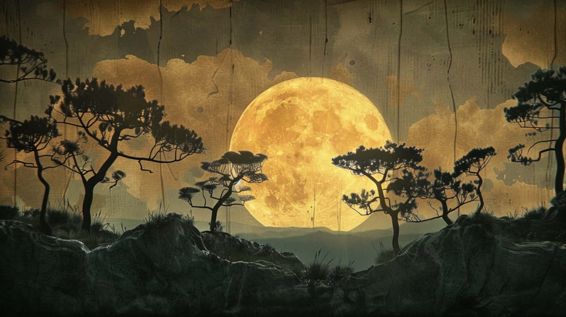 Golden Moonrise Over Silhouetted Forest Wallpaper