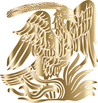 Golden Phoenix Artwork PNG — A golden embossed eagle with outstretched wings perched atop stylized flames against a black background.