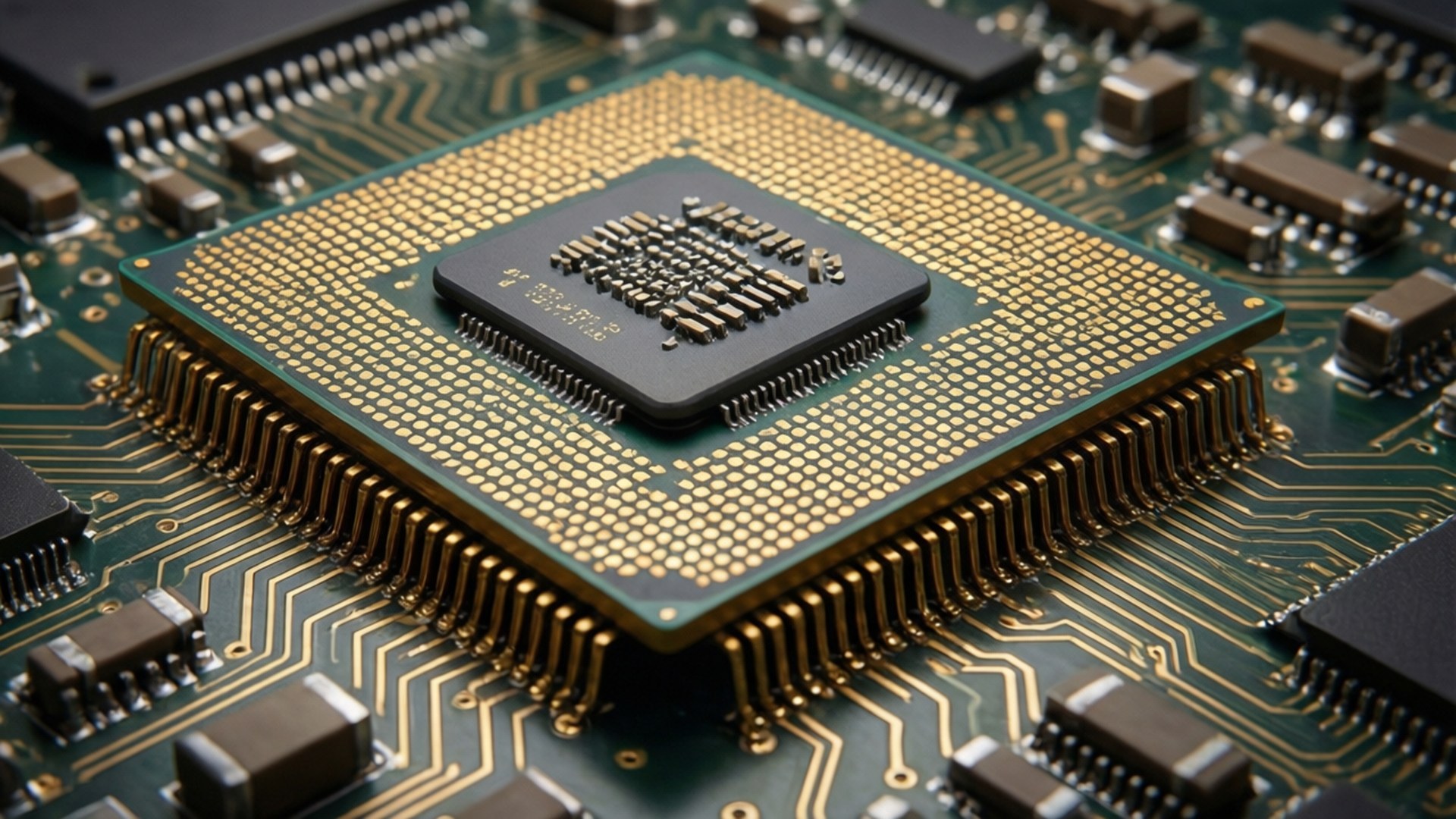 Gouden processor Achtergronden — Macro-opname van een gouden CPU op een printplaat