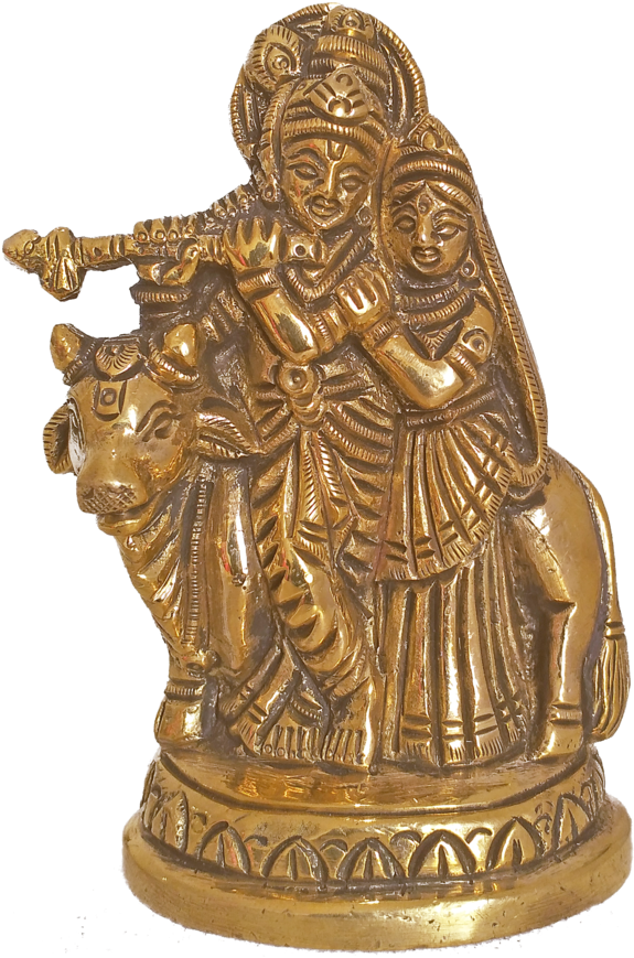 Golden Radha Krishnaon Cow Statue PNG