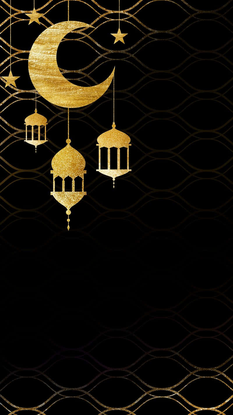 Golden Ramadan Crescentand Lanterns Wallpaper