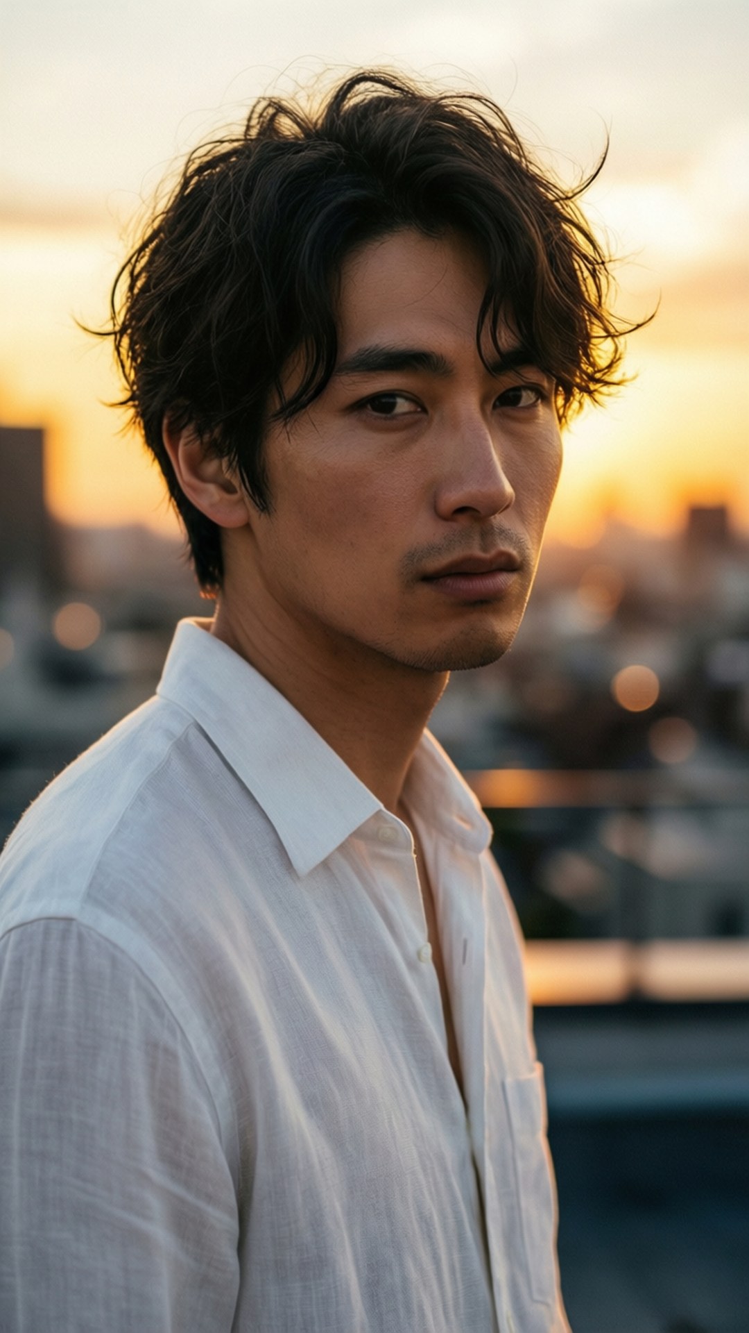 Shogo Itaya poseert op een dak bij zonsondergang in casual elegantie.