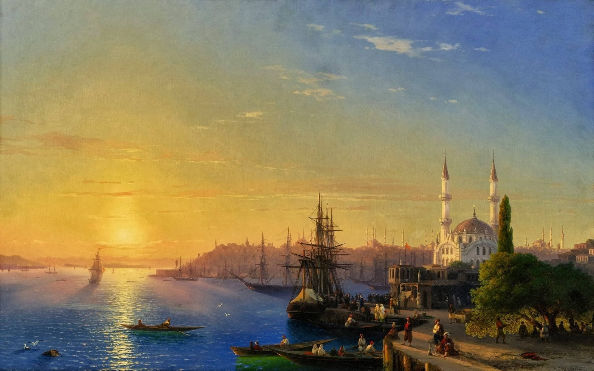 Golden Sunset Over Istanbul Harbor Wallpaper