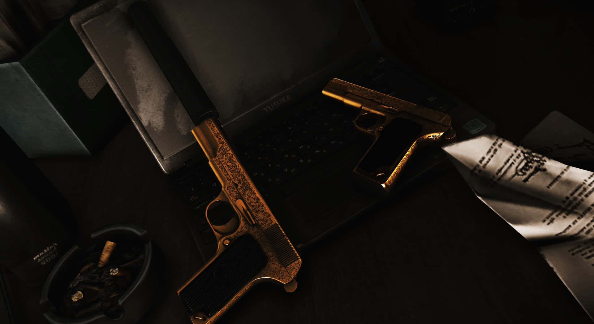 Golden T T Gun_ Tarkov Desk Scene Wallpaper