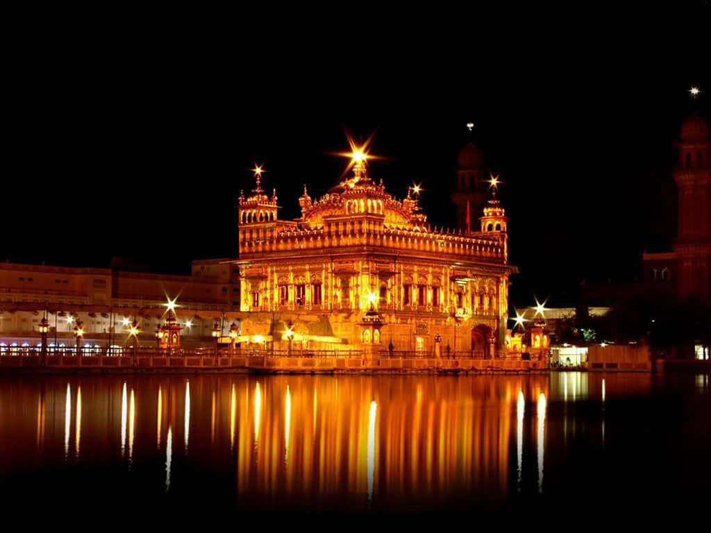 Serene Golden Temple Reflection at Sunset