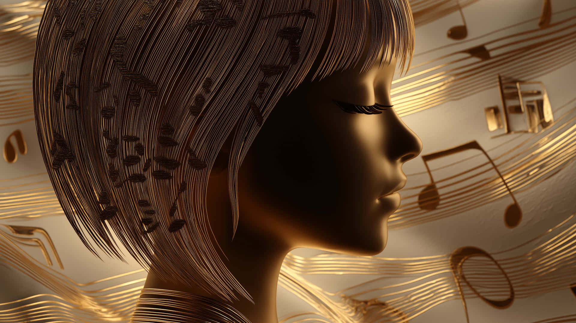 Golden Textured Woman's Profile With Flowing Music Notes Wallpaper