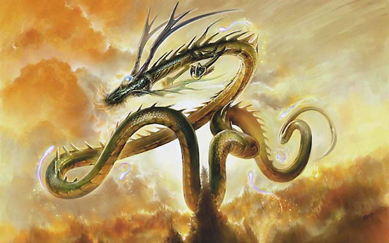 A Mystical Golden Three-Eyed Dragon Wallpaper